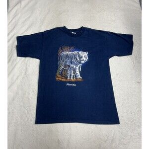 Vintage Y2K Navy Blue White Tiger Graphic T-shirt Men's Size Large